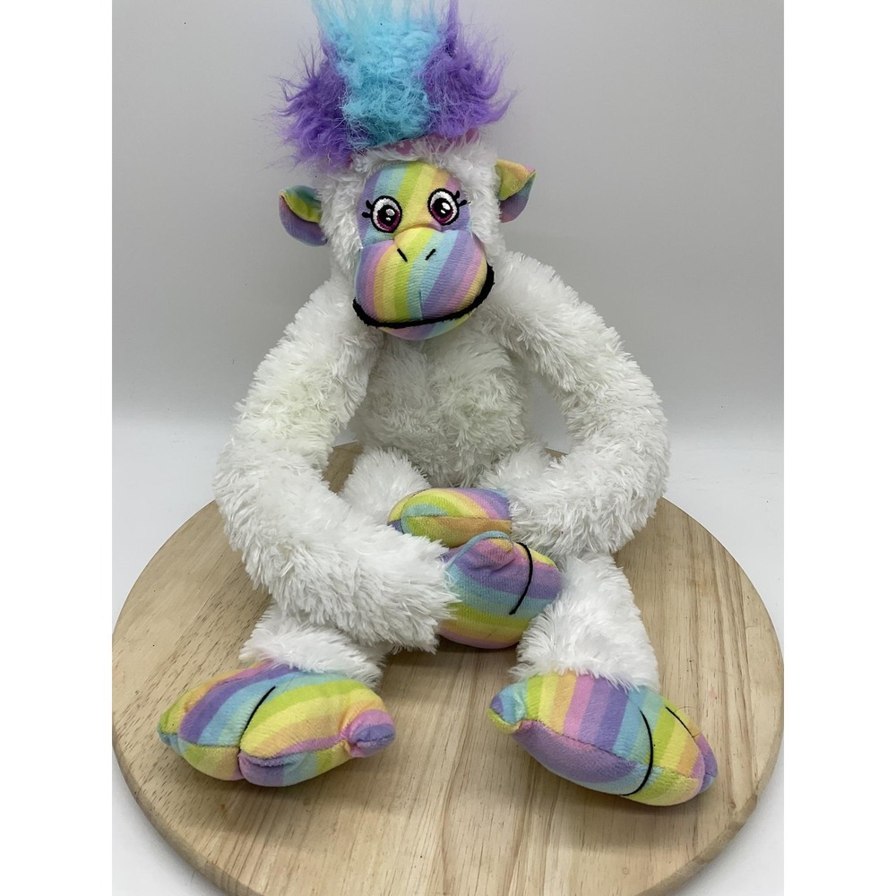 Mohawk Monkey Rainbow Plush Stuffed Animal White Fuzzy Long Legs Multicolor